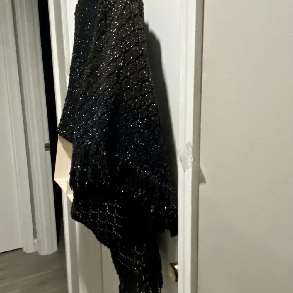 Handknit Wool Bl Lace Diamond Lurex Fringe Whimsigoth Fairy Bohemian Shawl Scarf